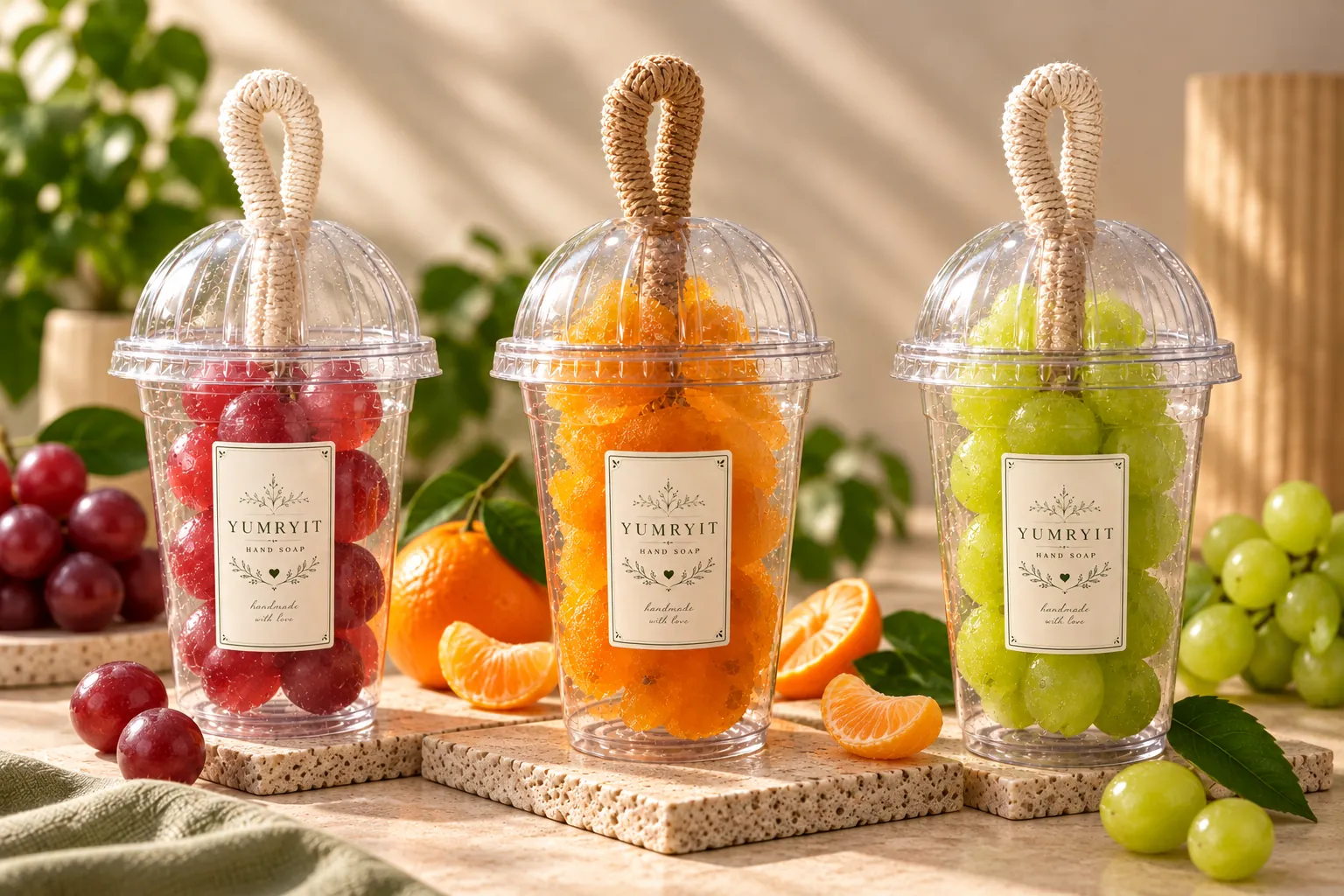 YUMRYIT handmade fruit-inspired hand soaps in red, orange and green
