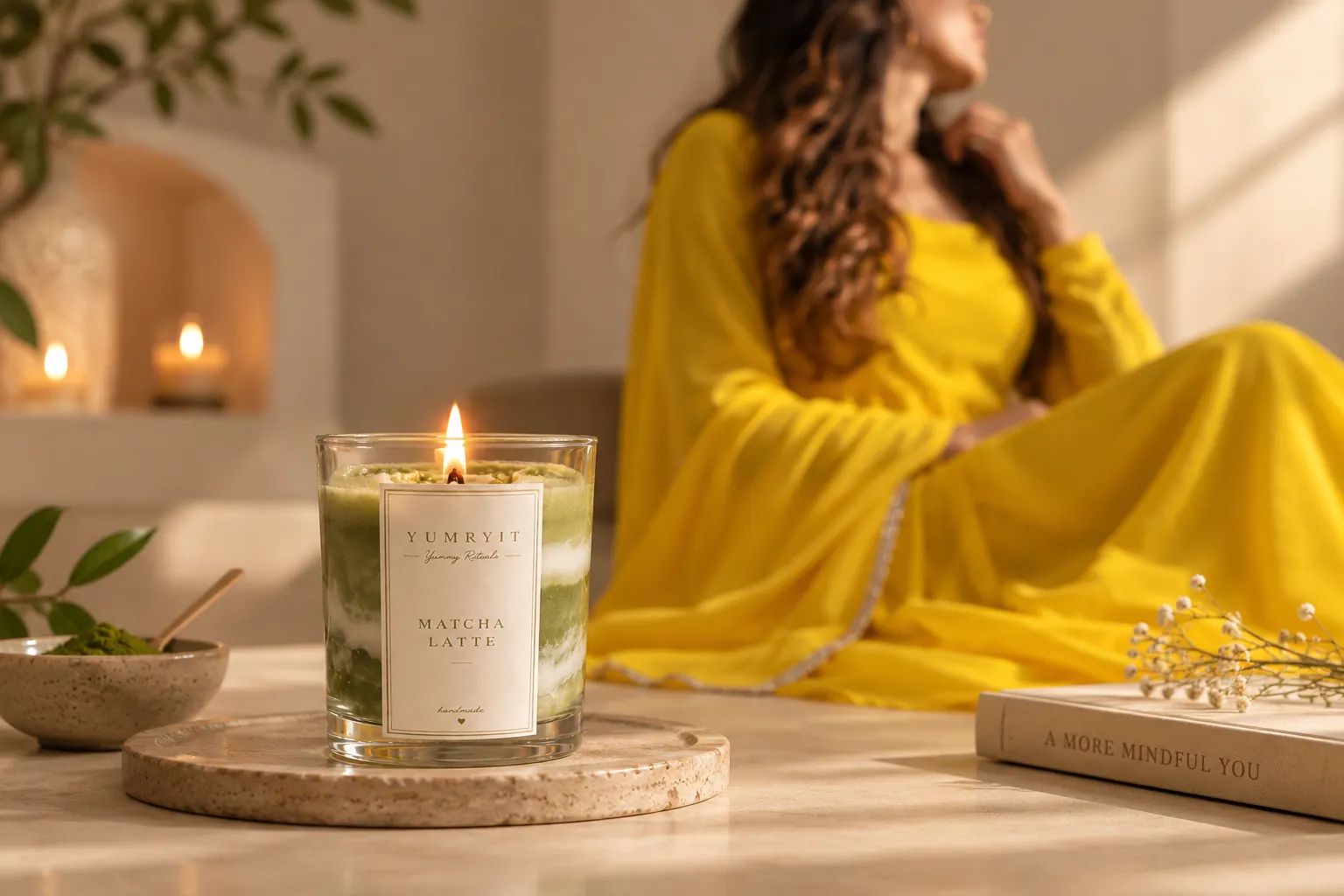 YUMRYIT candle in the foreground with yellow garment softly blurred behind